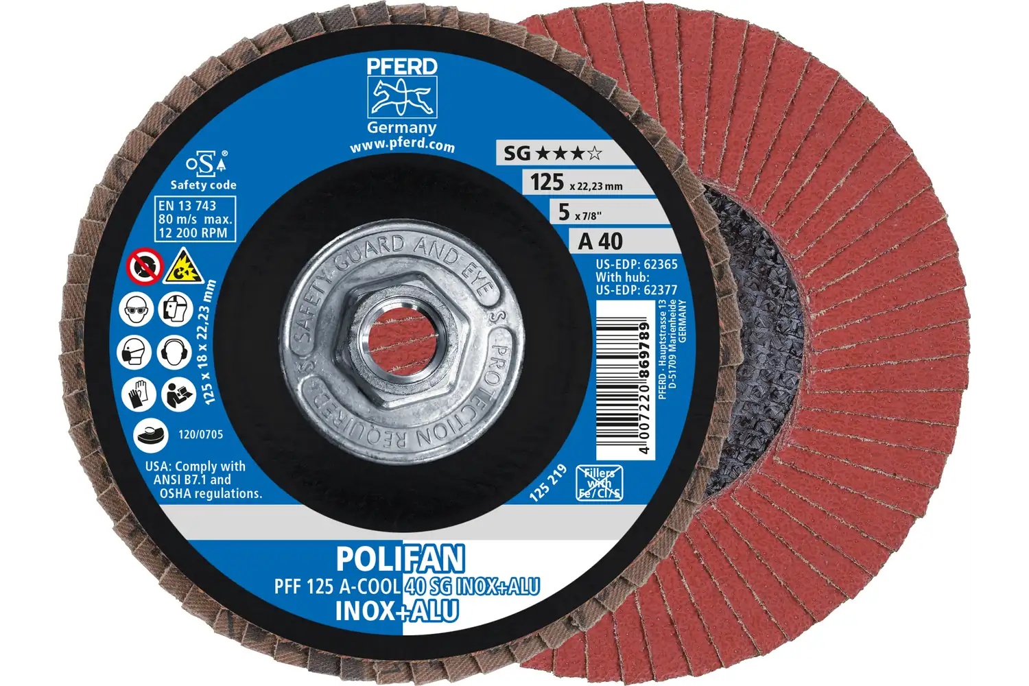 Picture of Pferd Flap Disc, 5" x 5/8-11, A-Cool SG Inox+ALU, 40 Grit, T27, Flat, Aluminum oxide